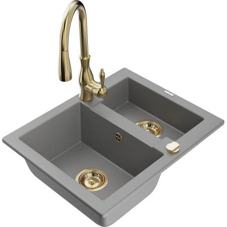 Mexen Carlos гранитна мивка с 1,5 камери и кухненски смесител Savita, сив - 6518-71-672601-50