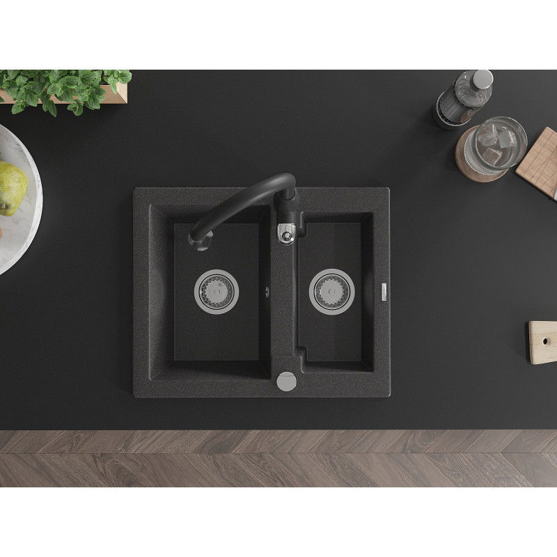 Mexen Carlos гранитна мивка с 1,5 отделения с кухненски смесител Savita, черно осеяно - 6518-76-672601-70