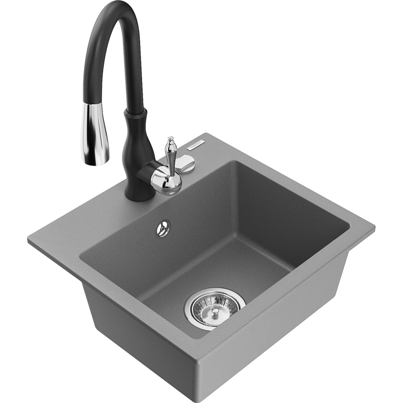 Mexen Milo гранитна кухненска мивка с 1 камера и смесител Savita, сива