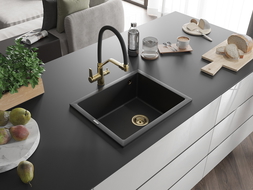 Mexen Pedro гранитна кухненска мивка с 1 корито 560 x 460 мм, черна, златен сифон - 6508561000-77-G