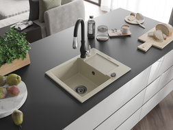 Mexen Enzo гранитна мивка с 1 отделение, сушилня и кухненски смесител Savita, бежов - 6506-69-672601-70