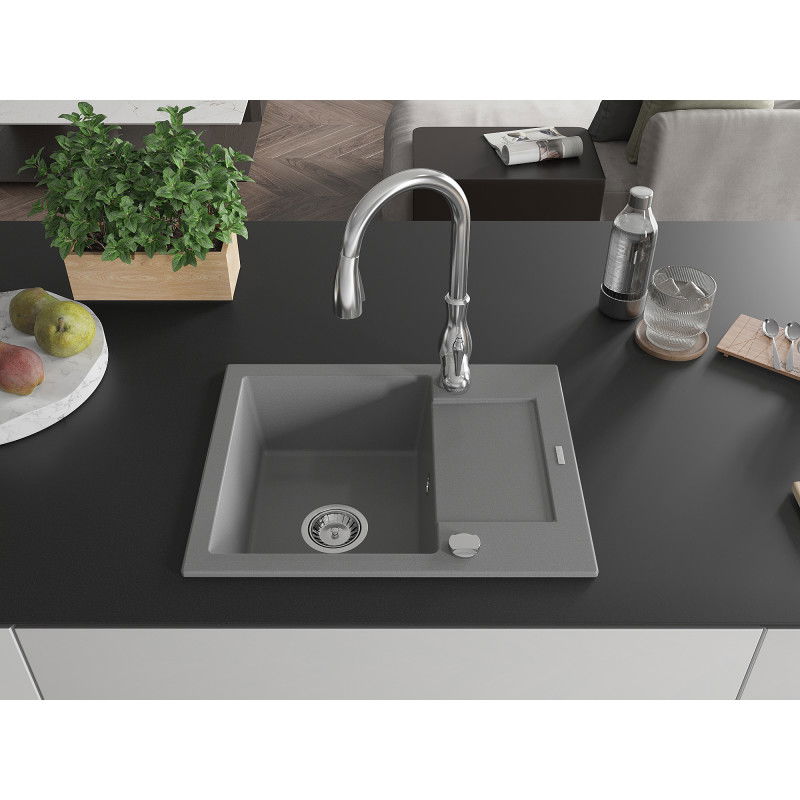 Mexen Enzo гранитна мивка с 1 корито с отцедник и кухненски смесител Savita, сив - 6506-71-672601-00