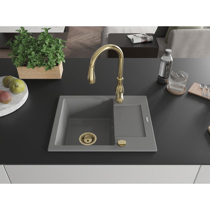 Mexen Enzo еднокамерен гранитен мивка с отцедник и кухненски смесител Savita, сив - 6506-71-672601-50