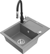 Mexen Enzo гранитна мивка с една камера с отцедник и кухненски смесител Savita, сив - 6506-71-672601-70