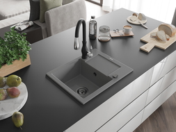 Mexen Enzo кухненска мивка от гранит с 1 отделение с отцедник и кухненски смесител Savita, сив - 6506-71-672601-70-B