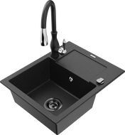 Mexen Enzo гранитна мивка с една купа с отцедник и кухненски смесител Savita, черен/сребрист металик - 6506-73-672601-70-B