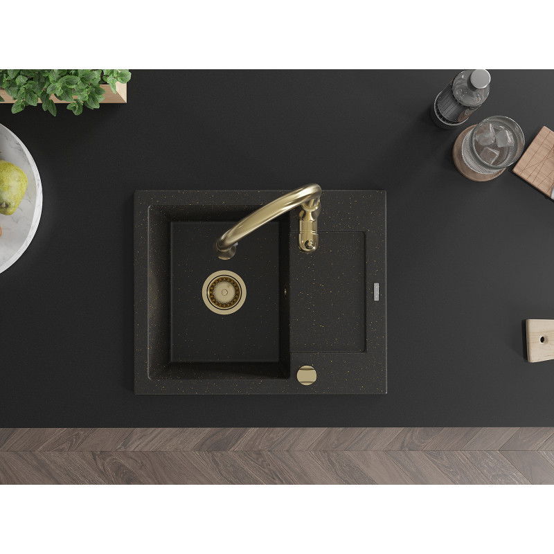 Mexen Enzo гранитна мивка с 1 отделение и отцедник и кухненски смесител Savita, черен/златен металик - 6506-75-672601-50