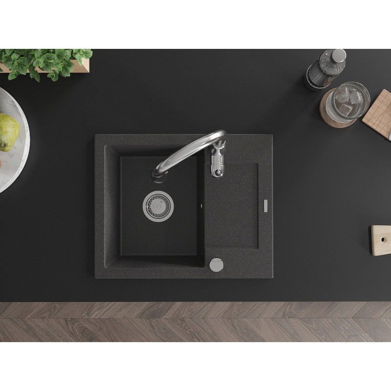 Mexen Enzo гранитна кухненска мивка 1-камерна с отцедник и кухненски смесител Savita, черен на петна - 6506-76-672601-00