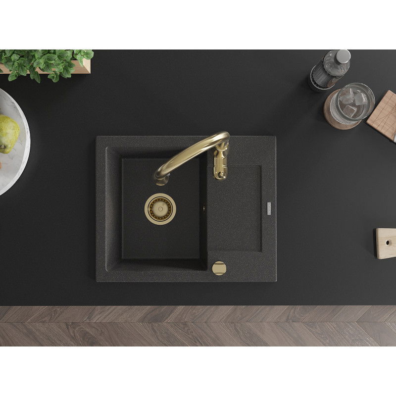 Mexen Enzo кухненска мивка гранитна с 1 отделение и сушилник с кухненски смесител Savita, черен на петна - 6506-76-672601-50