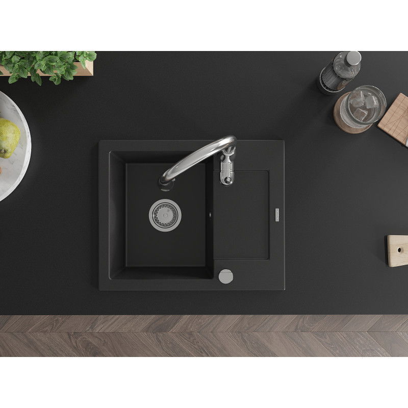 Mexen Enzo гранитна кухненска мивка с 1 камера и плот и кухненска батерия Savita, черен - 6506-77-672601-00