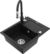 Mexen Enzo гранитна кухненска мивка с 1 отделение със сушилник и кухненски смесител Savita, черен - 6506-77-672601-70