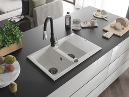 Mexen Gaspar гранитна мивка с 1,5 камери с отцедник и кухненски смесител Savita, бял - 6507-20-672601-70
