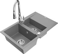 Mexen Gaspar гранитна мивка 1,5-камерна с отцедник и кухненски смесител Savita, сив - 6507-71-672601-00