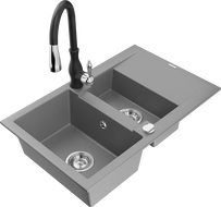 Mexen Gaspar гранитна мивка с 1,5 камери с отцедник и кухненски смесител Savita, сив - 6507-71-672601-70