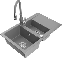 Mexen Gaspar гранитна мивка с 1,5 камери и отцедник и кухненски смесител Savita, сива - 6507-71-672601-71