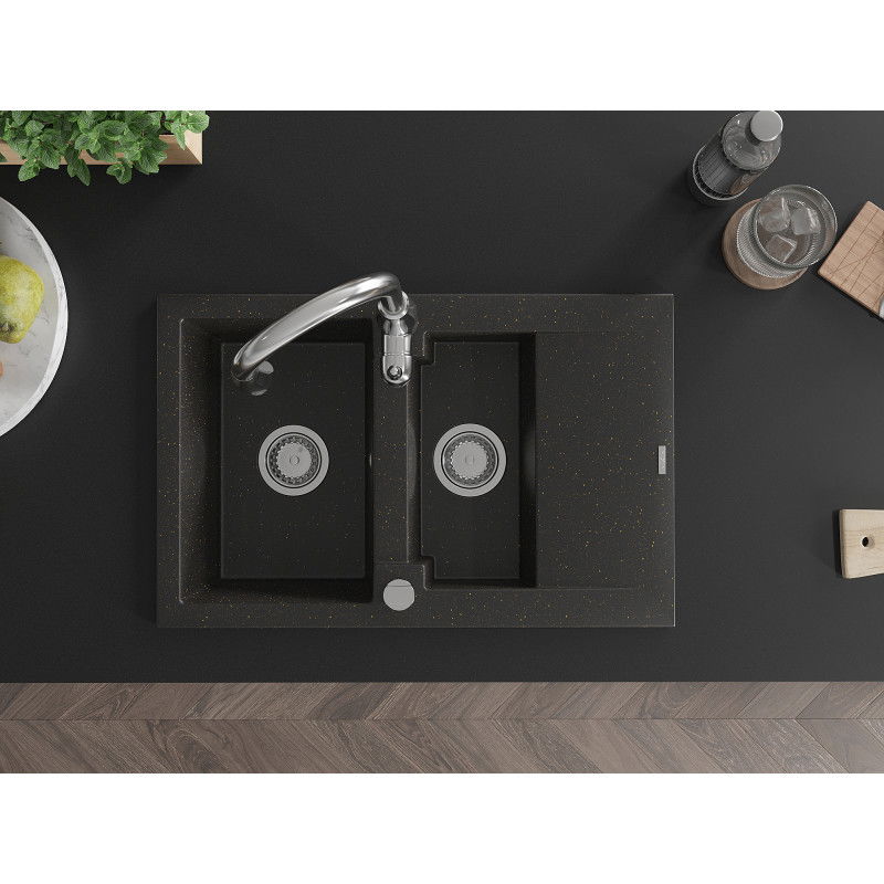 Mexen Gaspar мивка от гранит 1,5-камерна с отцедник и кухненски смесител Savita, черно/златно - 6507-75-672601-00