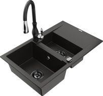 Mexen Gaspar гранитна мивка с 1,5 камери и отцедник и кухненски смесител Savita, черен/златен - 6507-75-672601-70-B