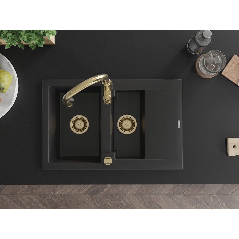 Mexen Gaspar гранитна мивка с 1,5 камери с отцедник и кухненски смесител Savita, черен - 6507-77-672601-50