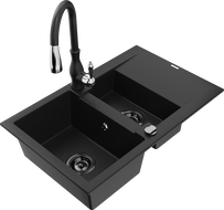 Mexen Gaspar гранитна мивка 1,5-коморна с отцедник и кухненски смесител Savita, черен - 6507-77-672601-70-B