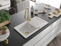 Mexen Pablo мивка от гранит с 1 камера с отцедник и кухненски смесител Savita, бял - 6510-20-672601-50