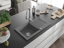 Mexen Pablo гранитна мивка 1-камера с отцедник и кухненски кран Savita, сив - 6510-71-672601-00