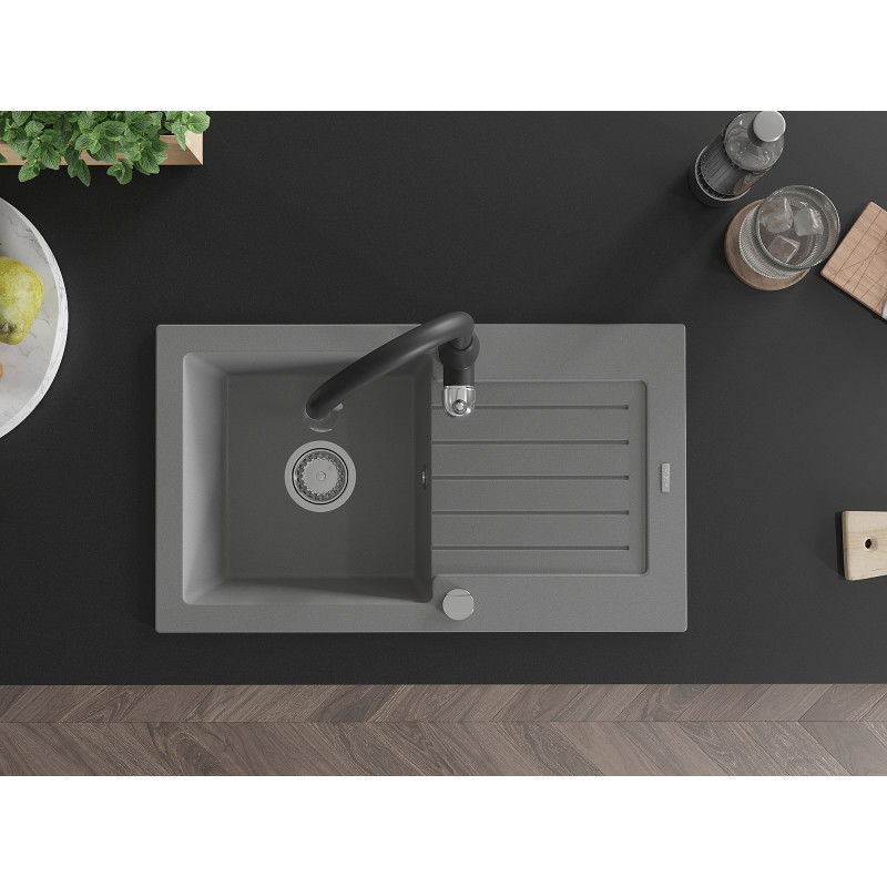 Mexen Pablo еднокоморов гранитен мивка с отцедник и кухненски смесител Savita, сив - 6510-71-672601-70