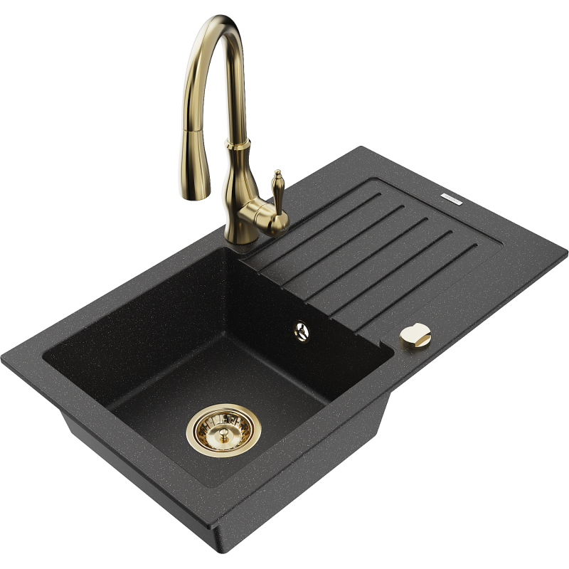 Mexen Pablo гранитна мивка с 1 отделение с отцеждач и кухненски смесител Savita, черен/сребърен металик - 6510-73-672601-50