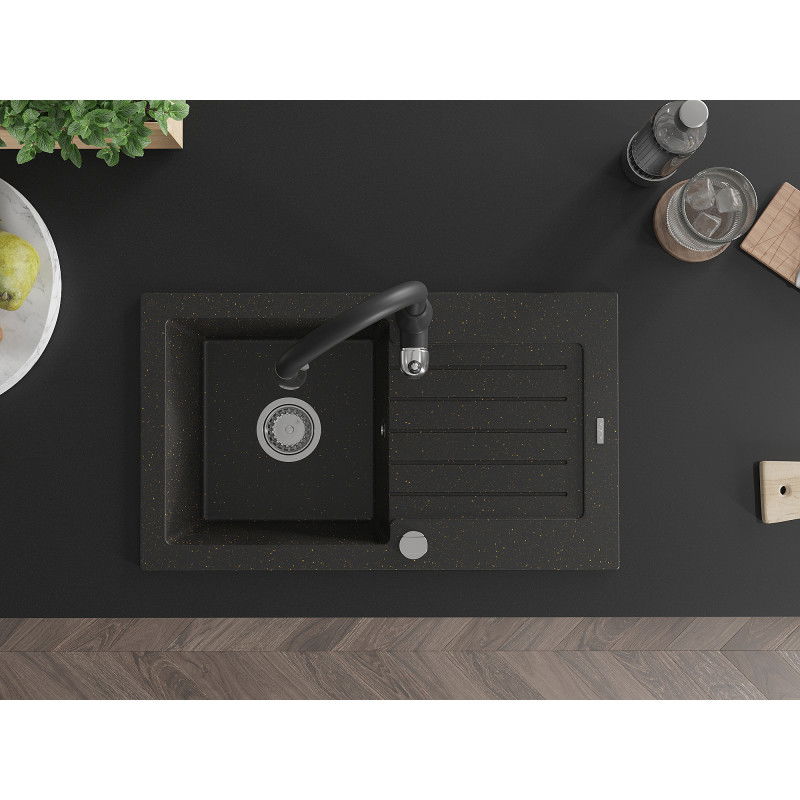 Mexen Pablo гранитна мивка с 1 отделение с отцедник и кухненски смесител Savita, черен/златист металик - 6510-75-672601-70
