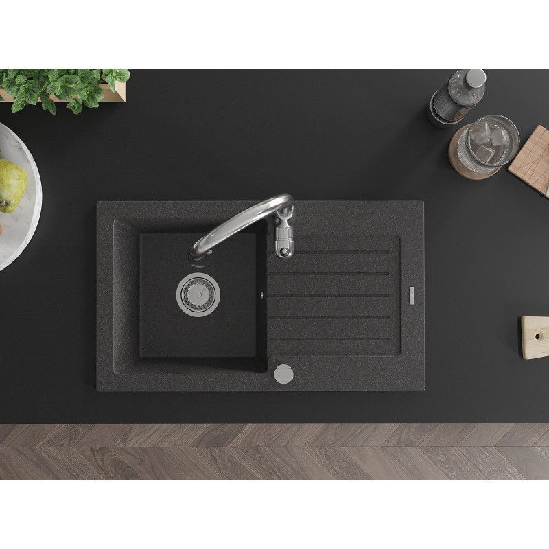 Mexen Pablo кухненска мивка от гранит с 1 отделение с отцедник и кухненски смесител Savita, черен с пръски - 6510-76-672601-00