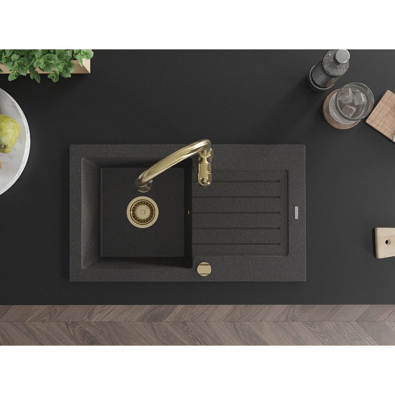 Mexen Pablo гранитна мивка с 1 камера с отцедник и кухненски смесител Savita, черна на петна - 6510-76-672601-50