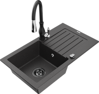 Mexen Pablo еднокамерна кухненска мивка от гранит с дренаж и кухненски смесител Savita, черен на петна - 6510-76-672601-70-B