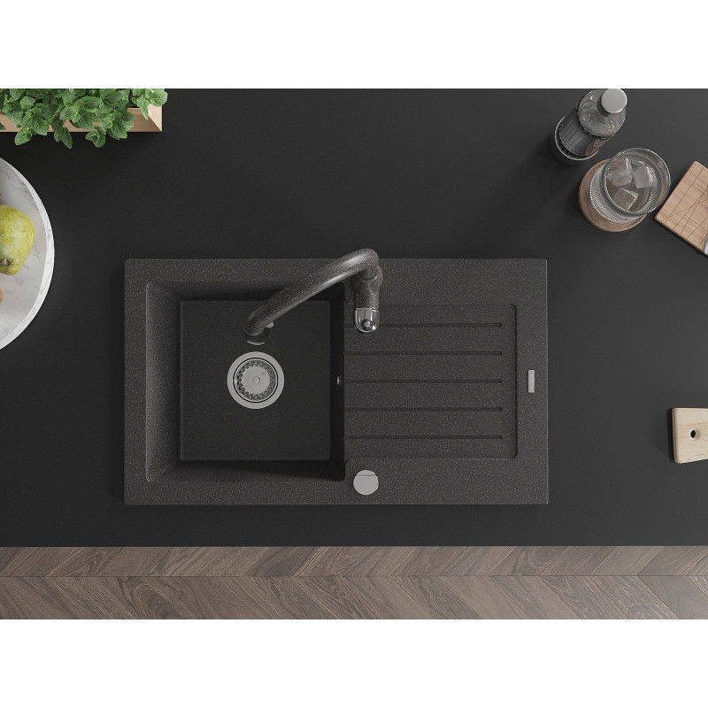 Mexen Pablo еднокамерен гранитен кухненски мивка с отцедник и кухненски смесител Savita, черен накрапяван - 6510-76-672601-76