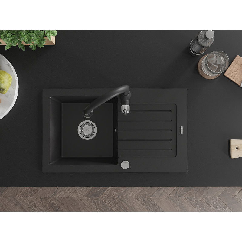 Mexen Pablo гранитна мивка с една камера с отцедник и кухненски смесител Savita, черен - 6510-77-672601-70