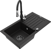 Mexen Pablo гранитна мивка с 1 корито, отцедник и кухненски смесител Savita, черен - 6510-77-672601-70-B