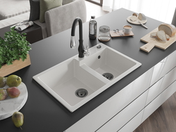 Mexen Tomas гранитна мивка с 2 камери и кухненски смесител Savita, бял - 6516-20-672601-70