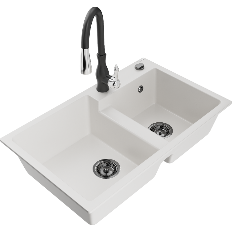 Mexen Tomas гранитна мивка с 2 камери и кухненски смесител Savita, бял - 6516-20-672601-70