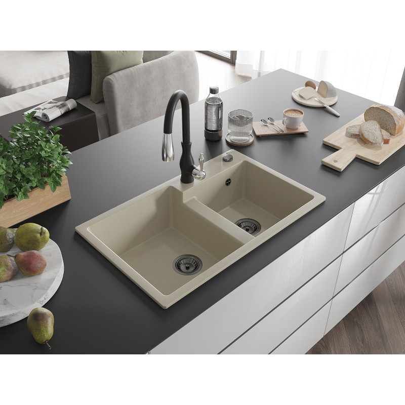 Mexen Tomas гранитна кухненска мивка с 2 камери и кухненски смесител Savita,