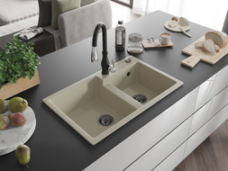 Mexen Tomas двоен кухненски мивка от гранит с кухненски батерия Savita, бежов - 6516-69-672601-70
