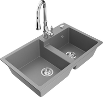 Mexen Tomas гранитна кухненска мивка с 2 корита и кухненски смесител Savita, сив - 6516-71-672601-00