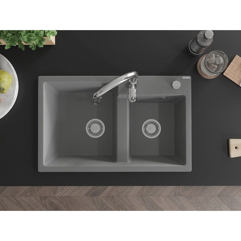 Mexen Tomas гранитна кухненска мивка с 2 корита и кухненски смесител Savita, сив - 6516-71-672601-00
