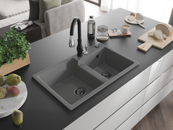 Mexen Tomas гранитна кухня мивка с 2 камери и кухненски кран Savita, сив - 6516-71-672601-70-B