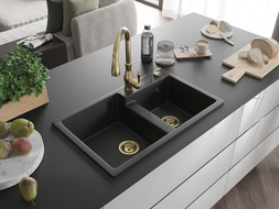 Mexen Tomas гранитна мивка с 2 камери с кухненски смесител Savita, черен/сребрист металик - 6516-73-672601-50