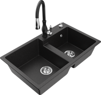 Mexen Tomas кухненска мивка от гранит с 2 отделения с кухненски смесител Savita, черен/сребърен металик - 6516-73-672601-70
