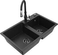 Mexen Tomas гранитна кухненска мивка с 2 отделения с кухненски смесител Savita, черен/сребрист металик - 6516-73-672601-70-B