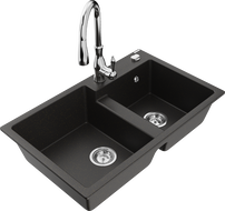 Mexen Tomas гранитна мивка с 2 камери и кухненски смесител Savita, черен/златен металик - 6516-75-672601-00