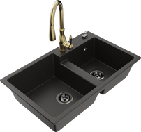 Mexen Tomas кухненска мивка от гранит, 2-компонентна с кухненски смесител Savita, черен/златист металик - 6516-75-672601-50-B
