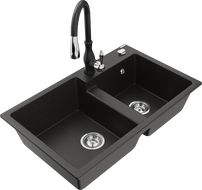 Mexen Tomas мивка от гранит с 2 камери с кухненски смесител Savita, черно/златист металик - 6516-75-672601-70