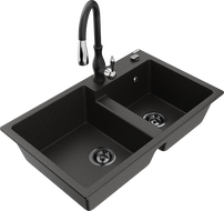 Mexen Tomas гранитна кухненска мивка с 2 отделения и кухненски смесител Savita, черен/златист металик - 6516-75-672601-70-B
