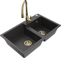 Mexen Tomas двукоморна гранитна мивка с кухненски смесител Savita, черен на пръски - 6516-76-672601-50