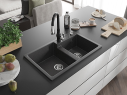 Mexen Tomas гранитна кухненска мивка с 2 камери и кухненски смесител Savita, черен на пръски - 6516-76-672601-70